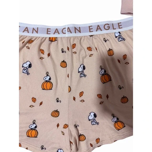 American Eagle Peanuts Fall Pumpkin Snoopy Plush Pajama Set Women's Size Large - Picture 12 of 16